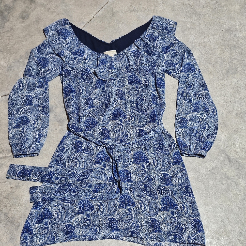 Michael Michael Kors Blue Paisley Ruffle V-Neck Long Sleeve Tie Waist Dress Med